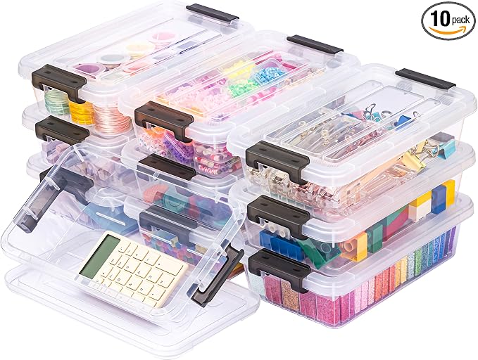 Small Storage Bins with Lids 10 Pack 3Qt Clear Stackable Containers Boxes | Clear Plastic, Lidded Containers, Stackable Design, for Home Office Pantry and Small-Item Organization