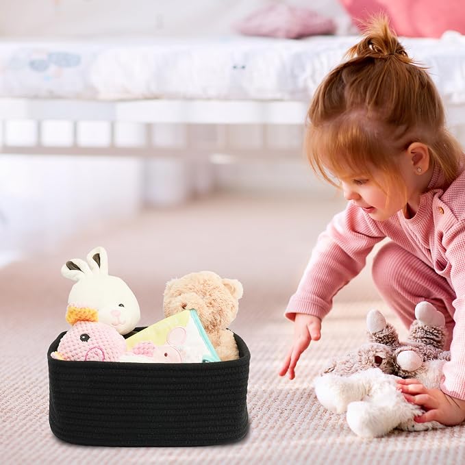 XUANGUO Small Woven Storage Baskets for Shelves, 12" x 8" x 5", Black | Decorative rope storage bins for closets and toy storage; cute organizer baskets, empty gift baskets and nursery storage.