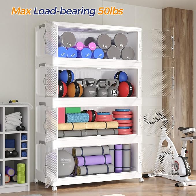 800QT Extra Large Stackable Storage Bins with Lid, 200Gal Plastic Closet Organizers and Storage Drawer, Collapsible Cabinet Box with Wheels Clear Doors for Home Kitchen Office, 5Pack White