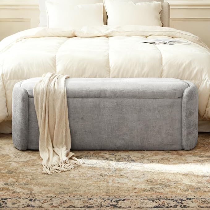 VKNOW 46" Oval Storage Ottoman Bench, Upholstered End of Bed Bench Ottomans Bench Foot Rest, Sherpa Storage Bench for Bedroom, Living Room and Hallway, Light Grey
