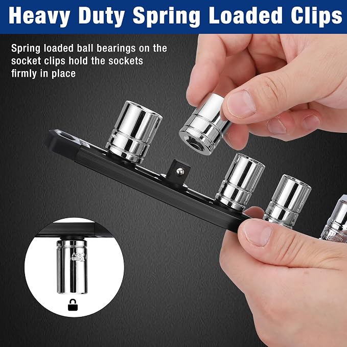 WORKPRO Magnetic Socket Organizer, Heavy Duty 3/8-Inch Drive Socket Rail | 1 Piece Socket Holder with 10 Spots, Aluminum Alloy, Rotatable & Movable Clips, Efficient Organization