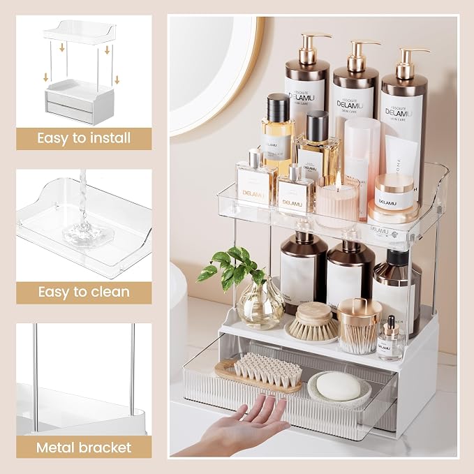 Delamu 4-Tier Makeup Organizer, Bathroom Counter Storage, 2 Drawers,Clear | Elegant Vanity Organizer Gift for Women, Holds Perfume, Skincare, Nail Polish & Hair Accessories for Bathroom Countertop