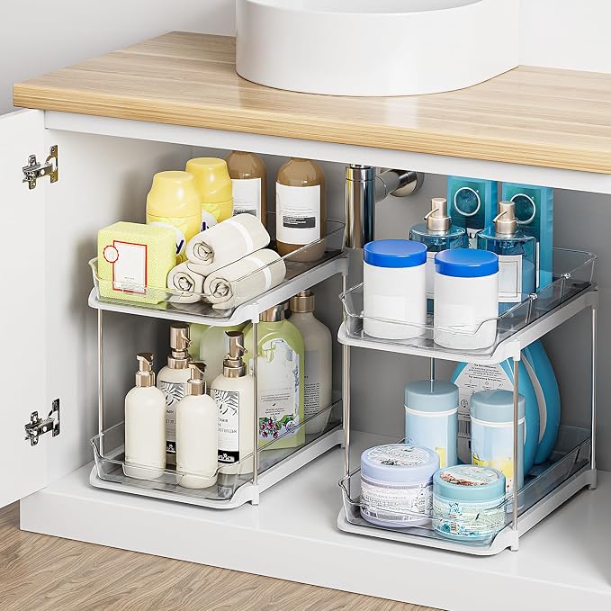 Delamu 2-Tier Multi-Purpose Bathroom Under Sink Organizers and Storage, Stackable Kitchen Pantry Organization, Pull Out Medicine Cabinet Organizer with Movable Dividers, White, 4Pack
