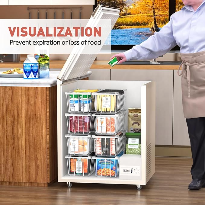 Goovilla Freezer Organizer Bins for 5-7 Cu.FT Chest Freezer,8 Pack White | Foldable Handle Stackable Freezer Baskets, Coated Metal Freezer Storage Bins with Better Space Utilization, Deep Organization