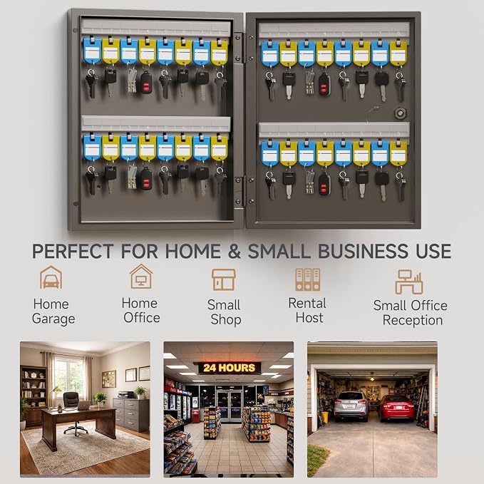 32-Keys Key Lock Box, Wall Mount Steel Key Organizer Cabinet with Key Tag | Security Key Holder Lockbox with Key Management App for Small Office, Key Storage for Home, Garage, Fleet & Valet