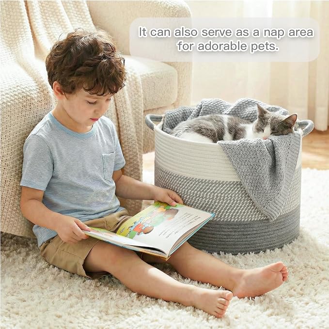 Artfeel 40L Large Cotton Rope Basket, Decorative Woven Blanket Storage for Living Room, Boho Toy Storage & Toy Box for Kids, Versatile Laundry Basket & Nursery Hamper for Blankets(Gery)