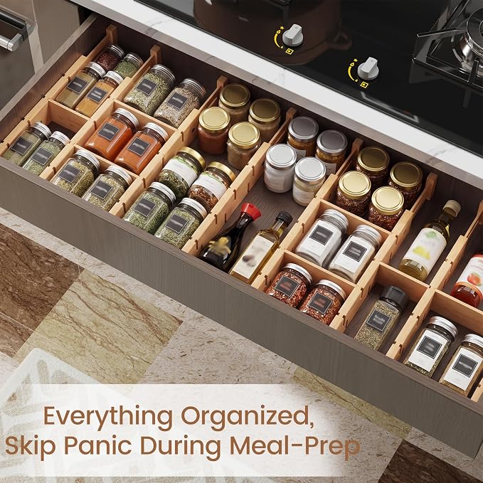 Bamboo Drawer Dividers 6 Pack with Inserts, Kitchen Adjustable Drawer Organizers for Home, Bedroom, Dresser, Expandable Organization 6 Dividers with 12 Inserts