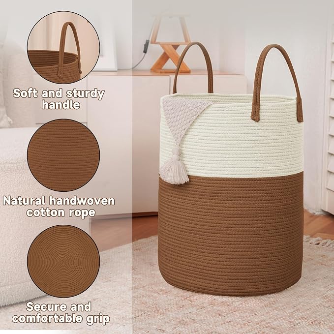 JMvicyroam 80L Cotton Rope Laundry Basket Hamper, White and Brown | Collapsible laundry basket, reinforced handles, freestanding, machine washable, holds 3-5 thick blankets, clothes or toys