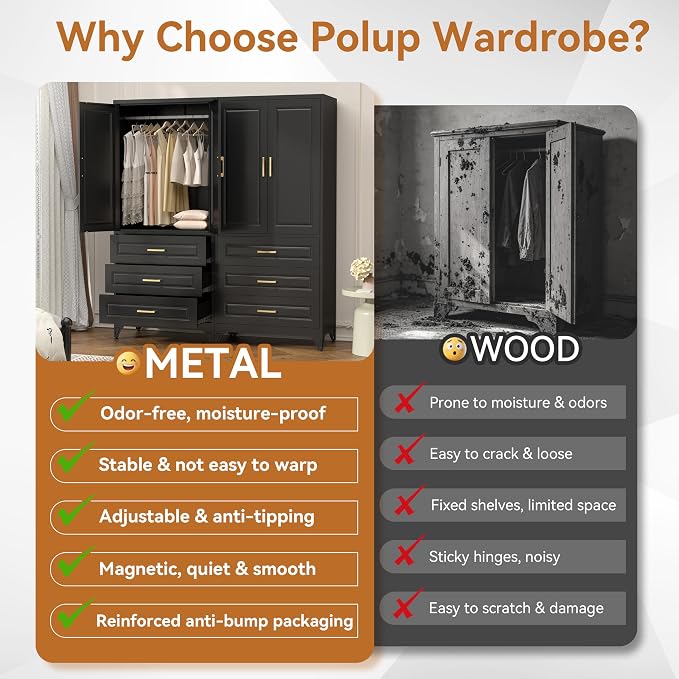 Polup 71" Black Metal Armoire Wardrobe Closet with Doors and 3 Drawers | Freestanding Heavy Duty Steel Clothing Storage Cabinet, Hanging Rod, 180lbs Adjustable Shelves, for Office, Bedroom & Garage
