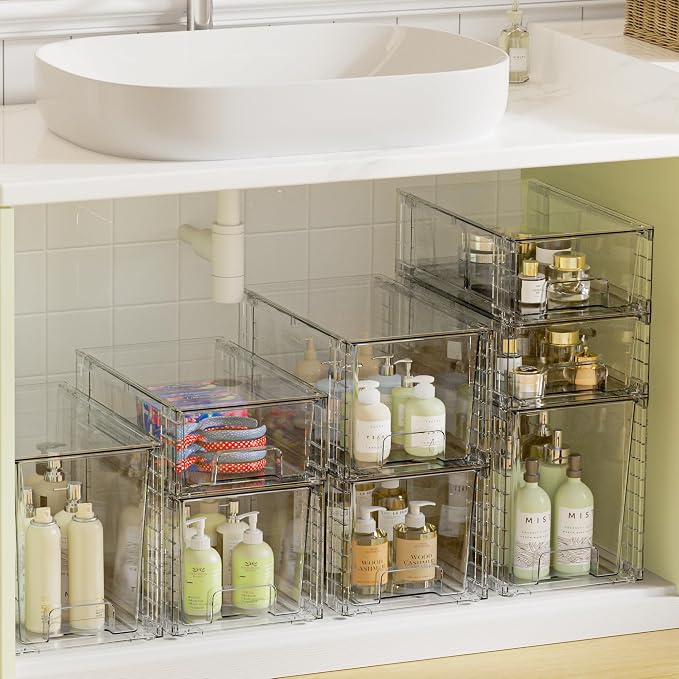 Vtopmart 3 Pack Clear Stackable Storage Drawers,Easy to Assemble Bathroom Organizers and Storage with handles,Plastic Drawers for Kitchen Pantry,Cabinet,Under Sink Organization | Tall, Medium and Small Pull-Out PET Drawers with Stackable Design for Bat...