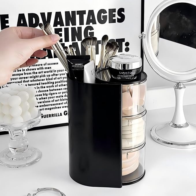 Azurphoric Hair Accessories Organizer with Hair Brush Holder(Black,3-Layer) | Rotatable Makeup Brush Holder for Necklaces, Earring, Bracelet, Ring, Makeup Brushes, Hair Clip and Hair Accessories