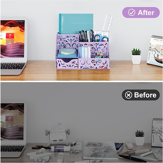 EasyPAG Pen Holder Desk Organizer with Drawer Pencil Cup for Desk 6 Compartments Metal Office Caddy Storage with Sticky Notes Holder for School Home Office, Purple