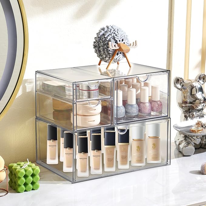 Prsildan Acrylic Drawer Makeup Organizer with 4 Drawers, Set of 2 | Clear, Baby Bottle Storage, For Vanity Countertop Bathroom Cosmetic Office Desk, Craft Jewelry Art Supply Organization