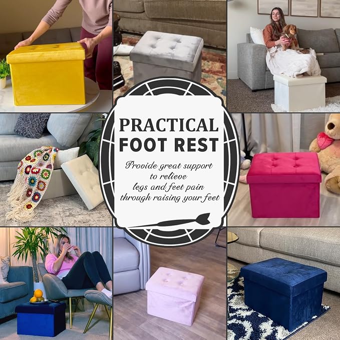 LINMAGCO Storage Ottoman Folding Foot Stool Velvet Foot Rest with Padded Modern Ottoman with Storage for Living Room Puppy Step Stool 17x13x13in(ROSEO)