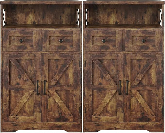 Farmhouse Storage Cabinet Set of 2, Small Kitchen Pantry Coffee Bar Cabinet | Accent Buffet Cabinet Cupboard, 2 Drawers, Barn Doors & Adjustable Shelves, for Kitchen/Entryway/Bathroom, Rustic Brown