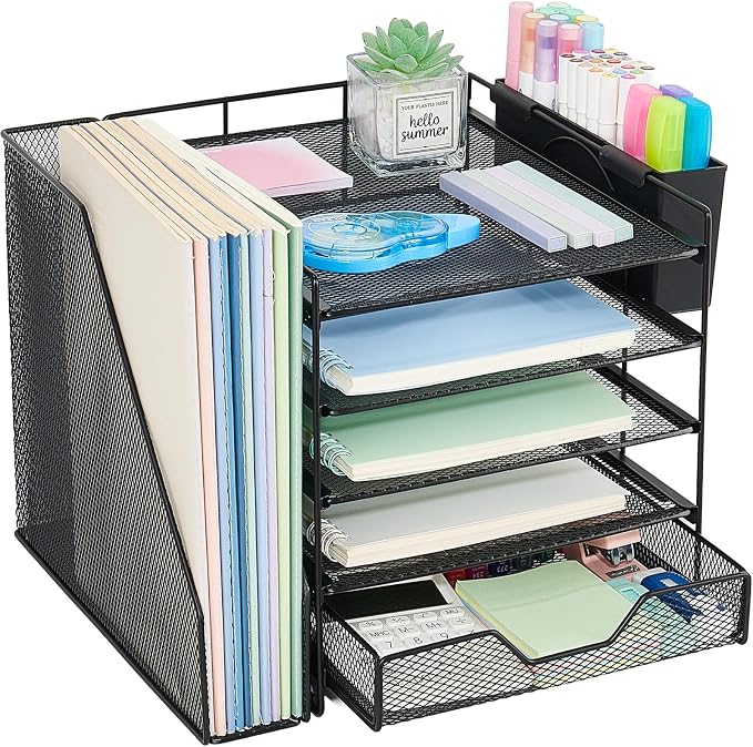 Desk Organizers and Accessories, 5-Tier Paper Letter Tray Organizer with File Holder, Drawer & Pen Holder, Office Desk Accessories, Desktop Organizer for Classroom Office Supplies, Black