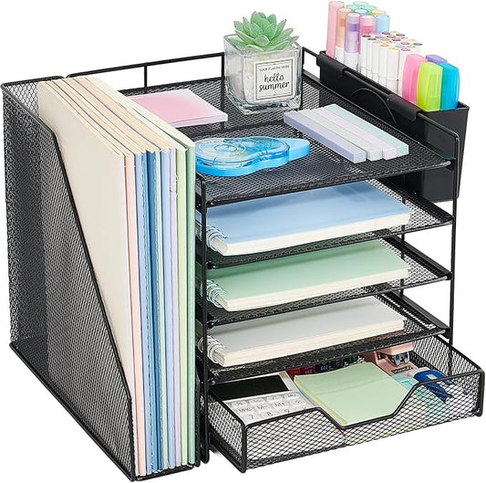 Desk Organizers and Accessories, 5-Tier Paper Letter Tray Organizer with File Holder, Drawer & Pen Holder, Office Desk Accessories, Desktop Organizer for Classroom Office Supplies, Black
