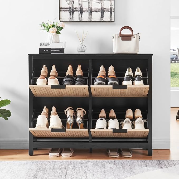 4-Flip Drawer Shoe Cabinet Narrow Entryway Rack, Oak & Black | Vertical Wood Grain, Metal Handles, Adjustable Compartments, Removable Shelf, Anti-Tip Device, for Hallway Foyer Entryway