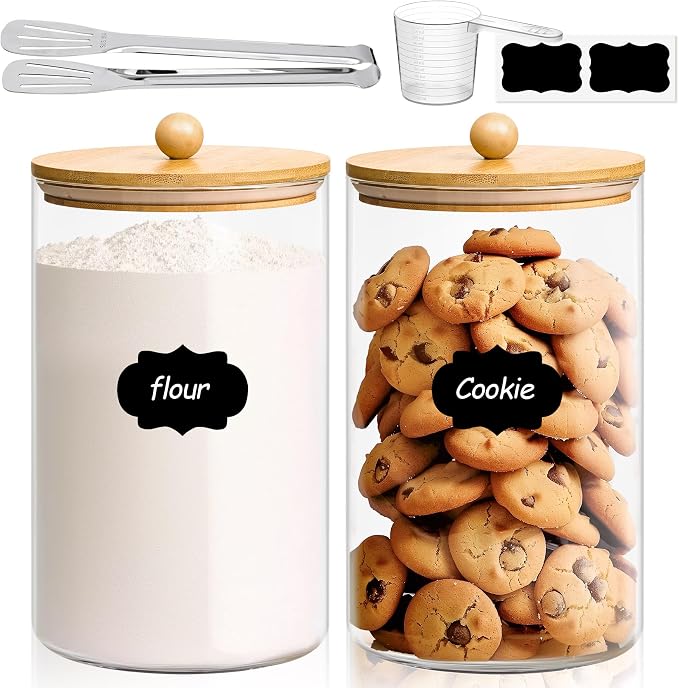 ComSaf Glass Storage Jars with Bamboo Lids 3.9 Qt 2 Pack Large Pantry Round | Flour sugar coffee beans, Pasta cereal dry food, Large capacity, Kitchen storage, Cabinet organization,Clips included