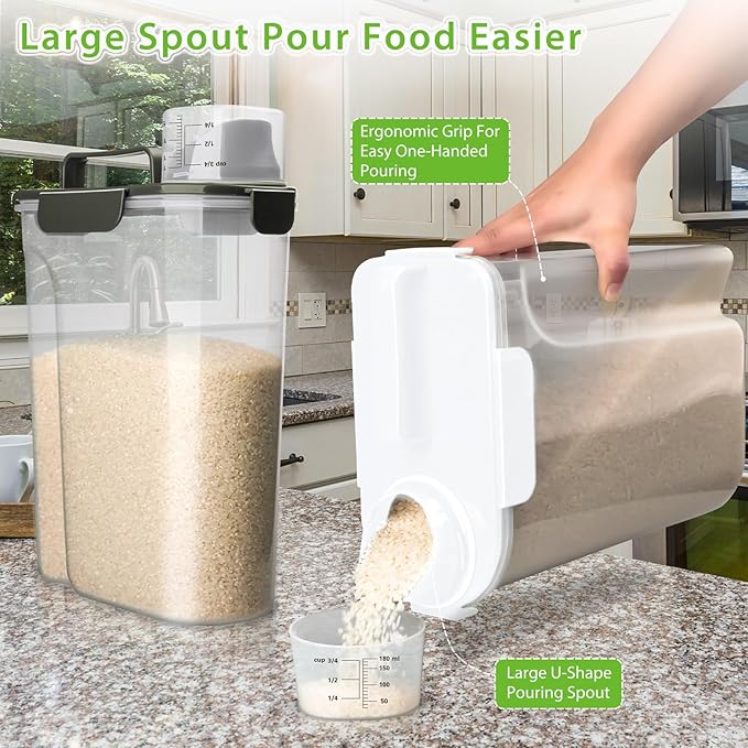 Viretec Rice Storage Container, 5 to 10lb Dry Food Airtight Dispenser, Pet Dog Cat Food Canister, BPA Free Clear Plastic Kitchen and Pantry Organization Bin for Oatmeal, Cereal, Pasta, Flour White