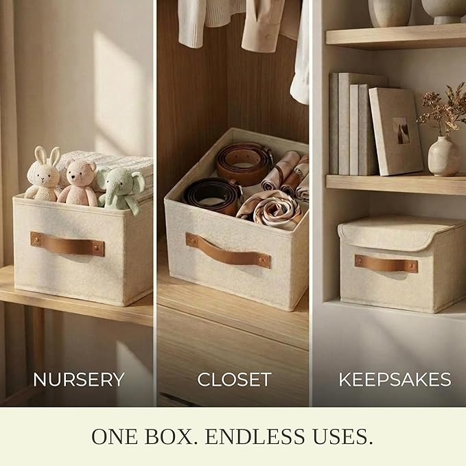 Decorative Linen Storage Boxes with Lids - Spacious Set of 2 Organizer Bins for Your Home Decor - The Perfect Small Container to Safely Store Photos, Documents and Memory Box Keepsakes in Style