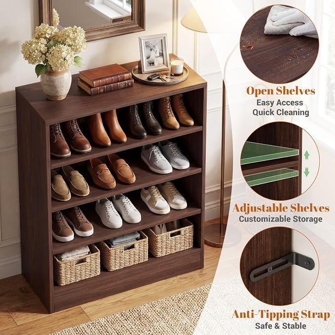 Shoe Cabinet, 5-Tier Modern Wood Shoe Storage, Dark Walnut | Organizer with 3 Adjustable Shelves for Entryway, Multi-Purpose Display Shelf & Storage Cabinet for Living Room, Bedroom