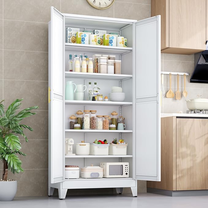 PAOFIN Kitchen Pantry Storage Cabinet with Doors and Adjustable Shelves, Metal ClosetMaid Food Pantry Cabinets, 75" Tall Freestanding Cupboard for Kitchen, Laundry or Utility Room, White