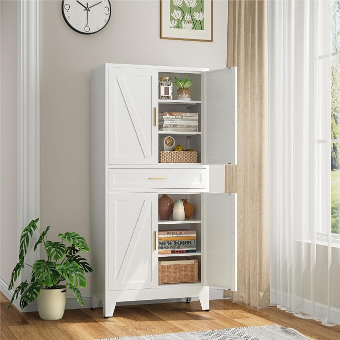 Bevivog 71" Kitchen Pantry Cabinet, Metal Storage Cabinet with Drawer, 2 Doors and 4 Adjustable Shelves Cabinet for Home Office Laundry Living Room Farmhouse White Metal Pantry