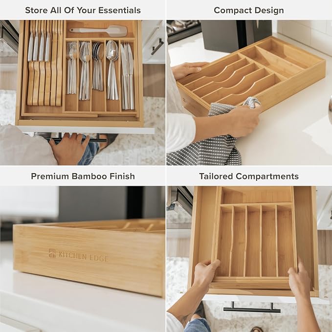 KitchenEdge Silverware & Utensil Drawer Organizer, 10.5-19 in, Bamboo | Cutlery, flatware, food-safe contract grade, kitchen drawer fit
