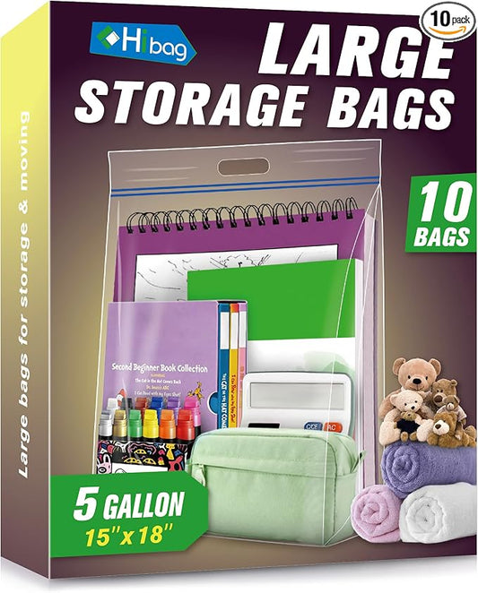HIBAG 5 Gallon Large Storage Bags, 15” x 18” Resealable Clear Bags with Handle, Extra Large XL Heavy Duty for Clothes Pillow Travel Moving, Pack of 10