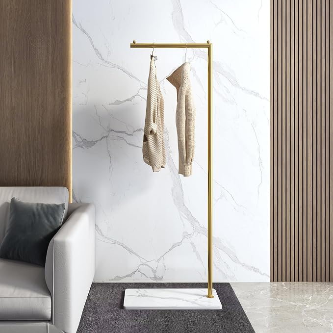 Gold clothing rack with Marble Base,Modern clothes racks for hanging clothes,7-shaped coat rack Freestanding Small garment rack Clothes Hanging Rack for Small Space,Bedroom or cloakrooms