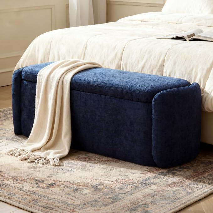 VKNOW Storage Bench, Upholstered Storage Ottoman Bench with Hinge, Navy | Ottoman Bench with Large Capacity, Curved Frame, Soft Fabric, Storage Bench for Bedroom, Living Room, Entryway, Window