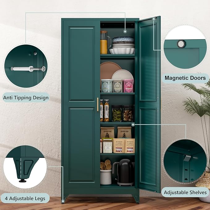 75" Tall Green Metal Storage Cabinet with Doors, Heavy Duty | Freestanding Steel Kitchen Pantry Cabinet, 4 Adjustable Shelves (180 Lbs Load), Tall Cabinets for Home, Office and Garage