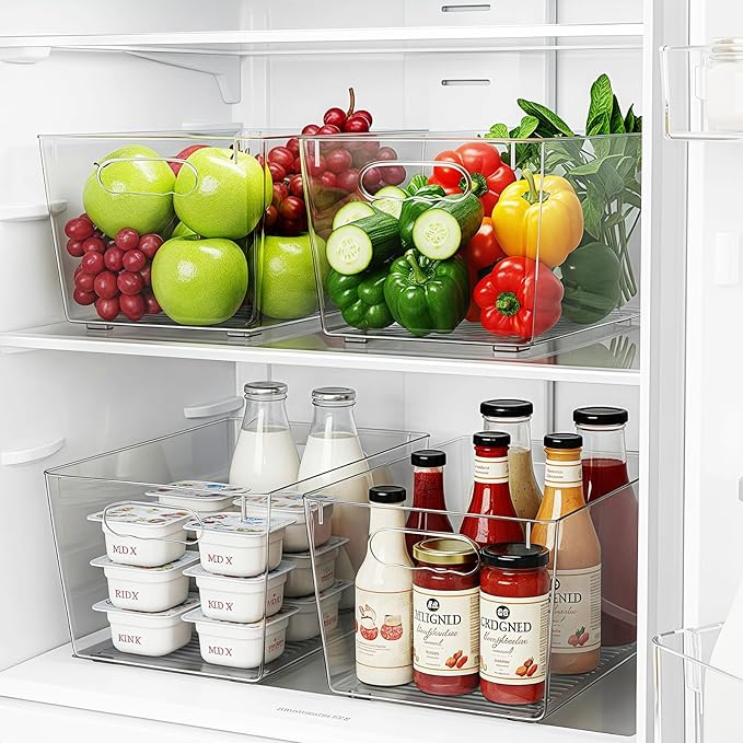 Clear Fridge Organizer Bins with Handles, 4 Pack Large 11.5×7.5×6 Inch | Clear pantry food storage bins with handles, ideal for kitchen, countertops, cabinets, fridge and freezer