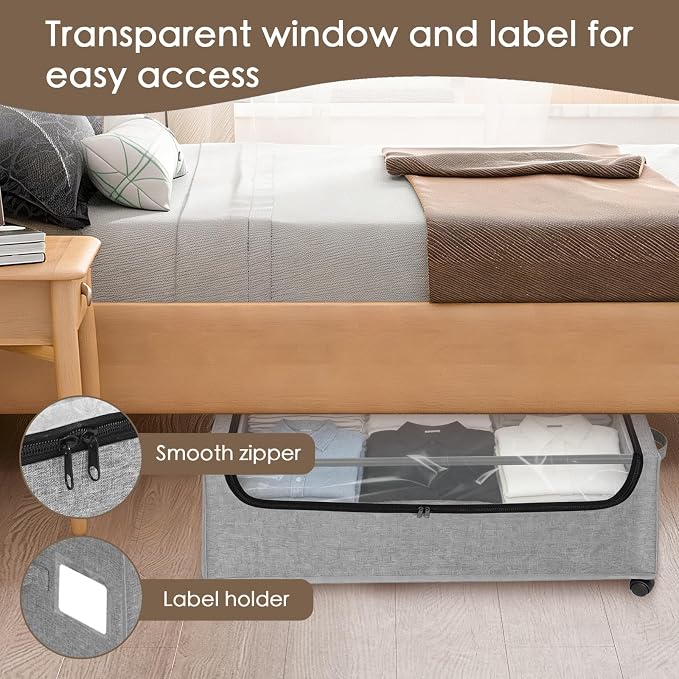 Under Bed Storage with Wheels, 2-Pack Under the Bed Storage Containers with Clear Lids & Label, Underbed Storage Bins, XXXL 85L 11 inches Rolling Metal Drawer for Clothes, Shoes, Toys, Books - Gray