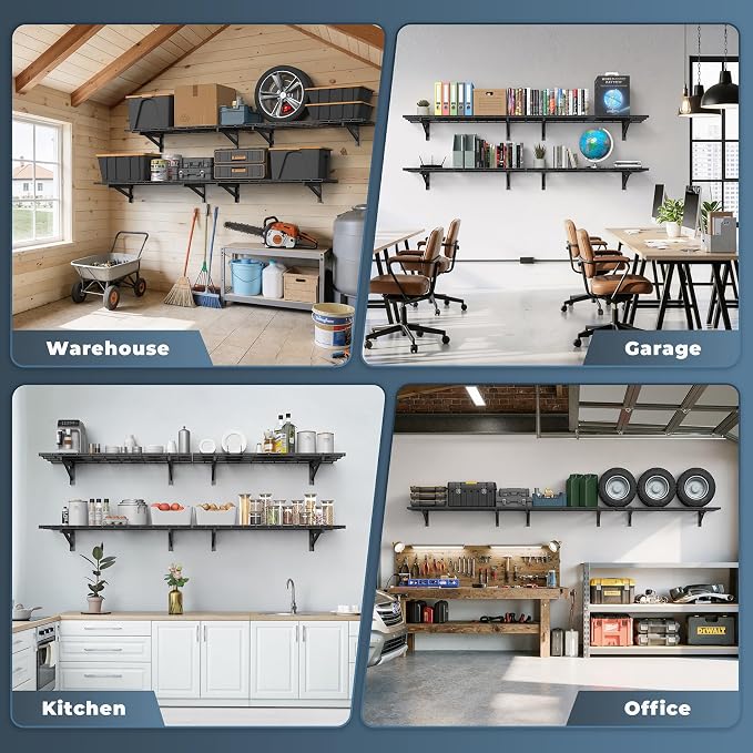 Jusgym 4 Pack Garage Shelving Wall Mounted, 1.5x4ft, 1400LB Heavy Load | Wall Mounted Floating Design, 18"x96" Storage Rack, No Splice Seamless Structure, Rustproof Black Coating for Garage Workshop