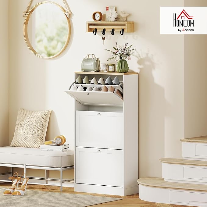 HOMCOM Shoe Storage Cabinet with 3 Flip Drawers, Adjustable Shelves, White | Wooden Freestanding Shoe Organizer, Narrow Design, Entryway, Hallway