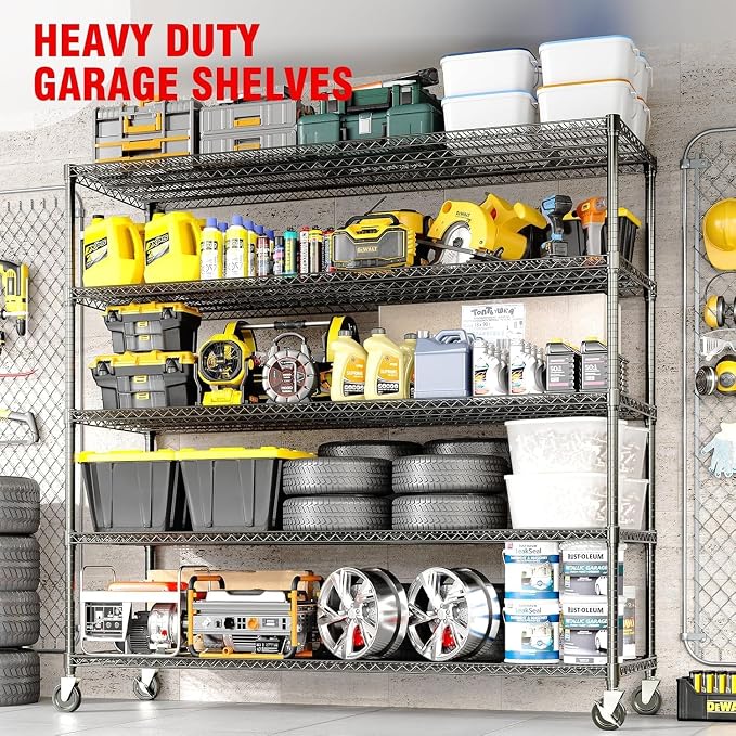 Garvee 3300LBS 5 Tier Metal Shelving with Wheels,82"H Storage Shelves,Black | 59"Wx23.6"D, Heavy-Duty 660 lbs Per Shelf, Adjustable Wire Shelving Units, Leveling Feet,for Garage Kitchen Warehouse
