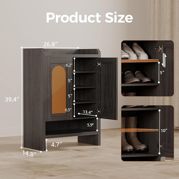 6-Tier Shoe Cabinet Storage for Entryway, Rattan Shoes Organizer Cabinets with Doors, Wooden Shoe Rack, Farmhouse Boho Wood Storage Cabinet (Black, 6-Tier)