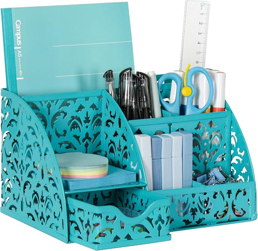 EasyPAG Desk Organizer and Pen Holder for Desk, Mesh Office Supplies Storage Caddy with Drawer for Small Space, Desktop Organizer for Home Office, Dark Teal