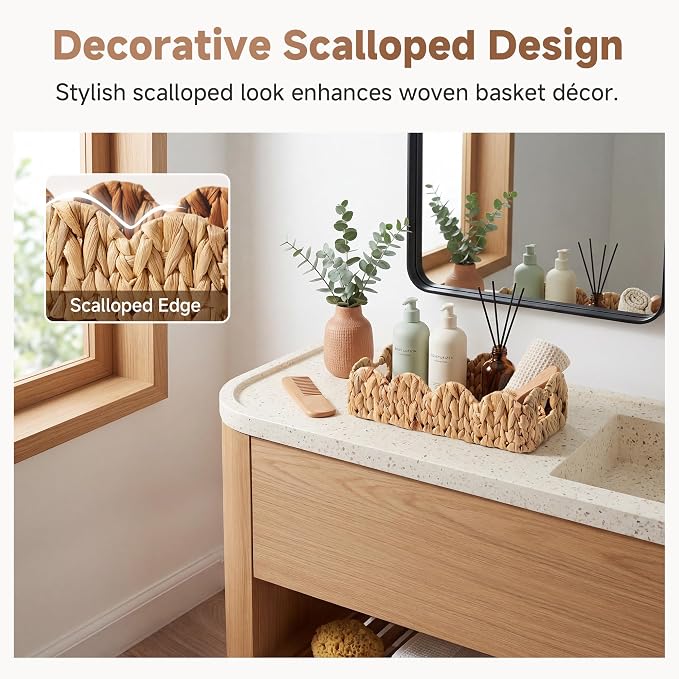 StorageWorks Wicker Scalloped Basket, Small Bathroom Baskets for Storage | Water Hyacinth Decorative Toilet Paper Basket with Handles , Back of Toilet Basket Tank Topper for Bathroom Decor