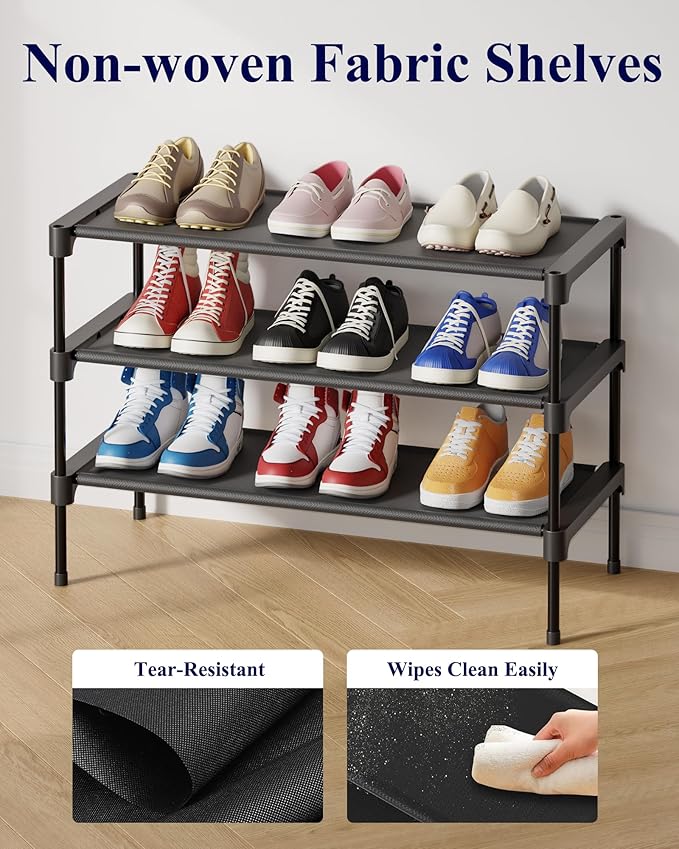Kitsure Shoe Rack - Non-Woven Shoe Rack Shelf, 27.5" Wide - 3 Tier, Black | Shoe Organizer for Closet, Entryway, Garage, Stackable Shoe Shelves, college dorm&apartment essentials
