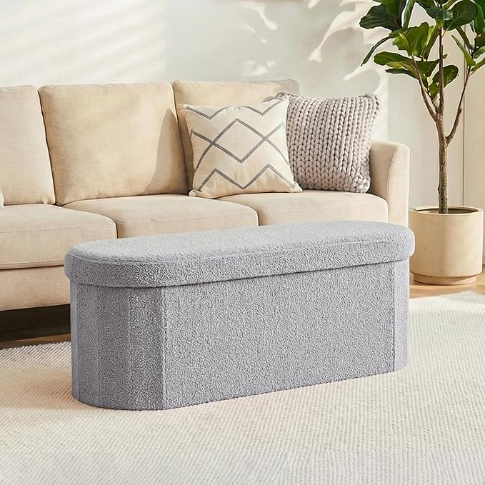43 Inches Oval Ottoman with Storage, Boucle Sherpa Storage Ottoman Bench, Folding Foot Rest Chest for Bedroom Living Room