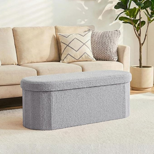 43 Inches Oval Ottoman with Storage, Boucle Sherpa Storage Ottoman Bench, Folding Foot Rest Chest for Bedroom Living Room