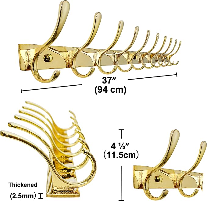 SKOLOO Wall Mounted Coat Rack - 10 Hooks, Heavy Duty, Stainless Steel, Metal Wall Hangers, Sturdy Coat Hooks for Hanging Coats, Jacket, Clothes, Hat, Bright Gold