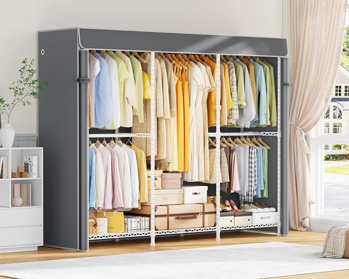 E14C Pro Heavy Duty Closet Organizer System，Freestanding Clothing Racks for Hanging Clothes，Adjustable Garment Rack 69" W × 16" D × 77" H Hold 960 lbs，White Rack with Grey Dustproof Cover