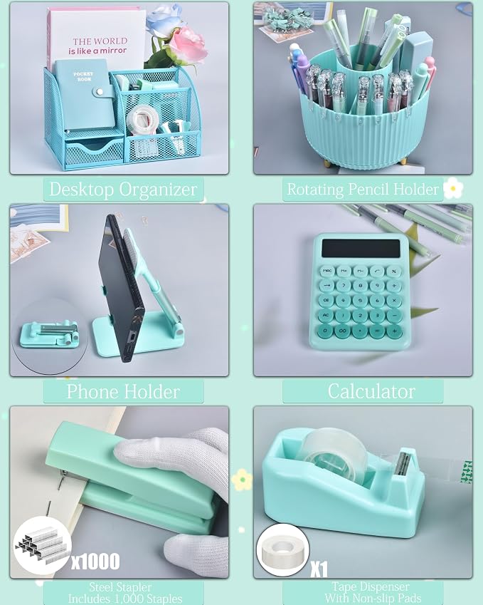 LXEVIHK 21Pcs Green and Blue Desk Organizers and Accessories With Mesh Desk Organizer and 360°Rotating Pen Holder and a Lot of Office Green Office Supplies Beautifully Presented in a Gift Box