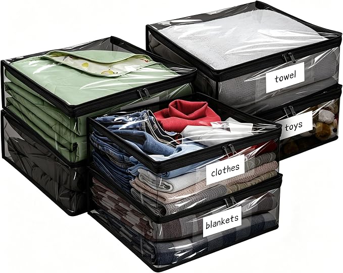 Kikerike Plastic Storage Bags with Easy-Glide Zipper, Pack of 6, Durable Clear Vinyl Zippered Storage Bags for Clothes Sweaters Comforters Blankets Sheets Bedding (18 x 15 x 4 Inch, Black)