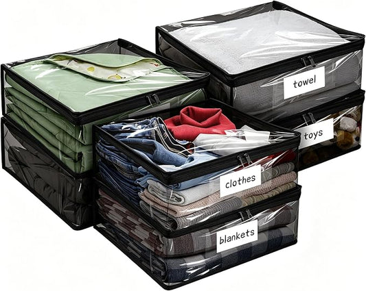 Kikerike Plastic Storage Bags with Easy-Glide Zipper, Pack of 6, Durable Clear Vinyl Zippered Storage Bags for Clothes Sweaters Comforters Blankets Sheets Bedding (18 x 15 x 4 Inch, Black)