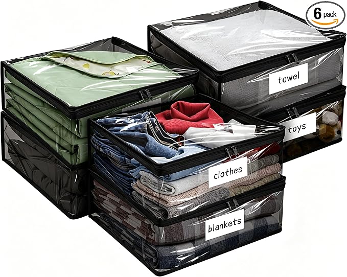 Kikerike Plastic Storage Bags with Easy-Glide Zipper, Pack of 6, Durable Clear Vinyl Zippered Storage Bags for Clothes Sweaters Comforters Blankets Sheets Bedding (15.7 x 13.8 x 3.9 Inch, Black)